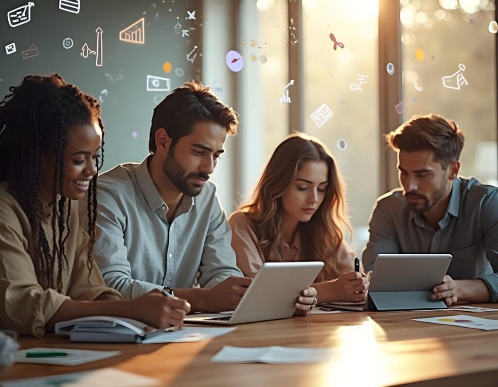 Team members discussing in an office environment