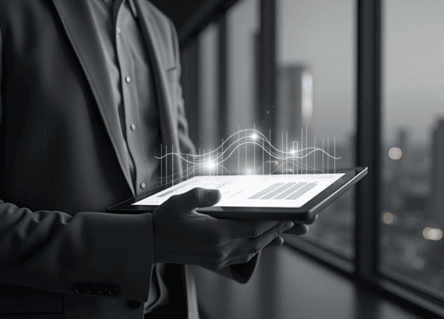 A man holding a tablet with information open on the screen