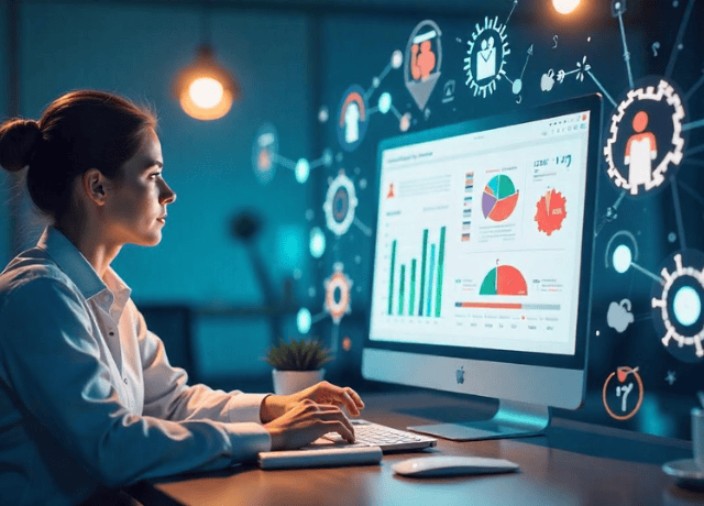 Women is working in workspace on LMS