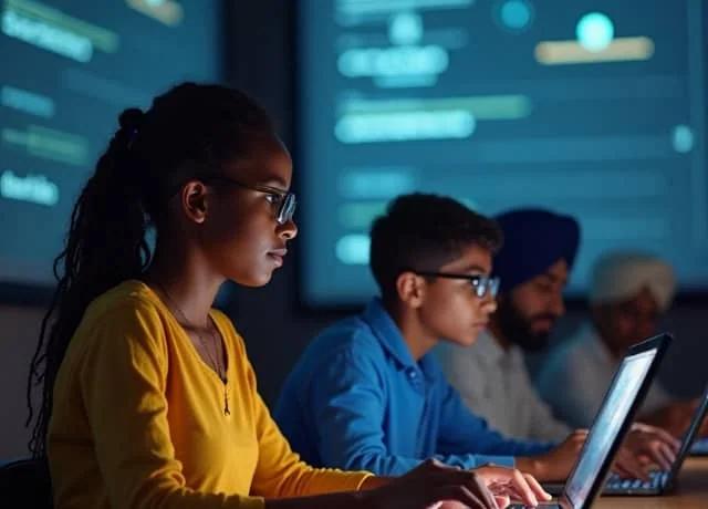 modern classroom at night, with large digital screens