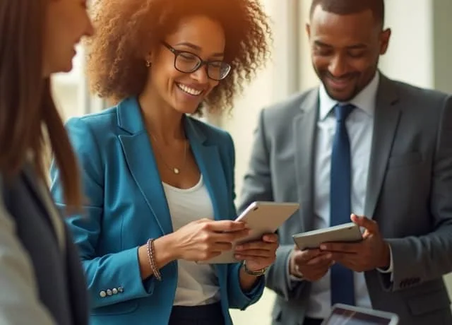 professionals engaging with tablets and laptops